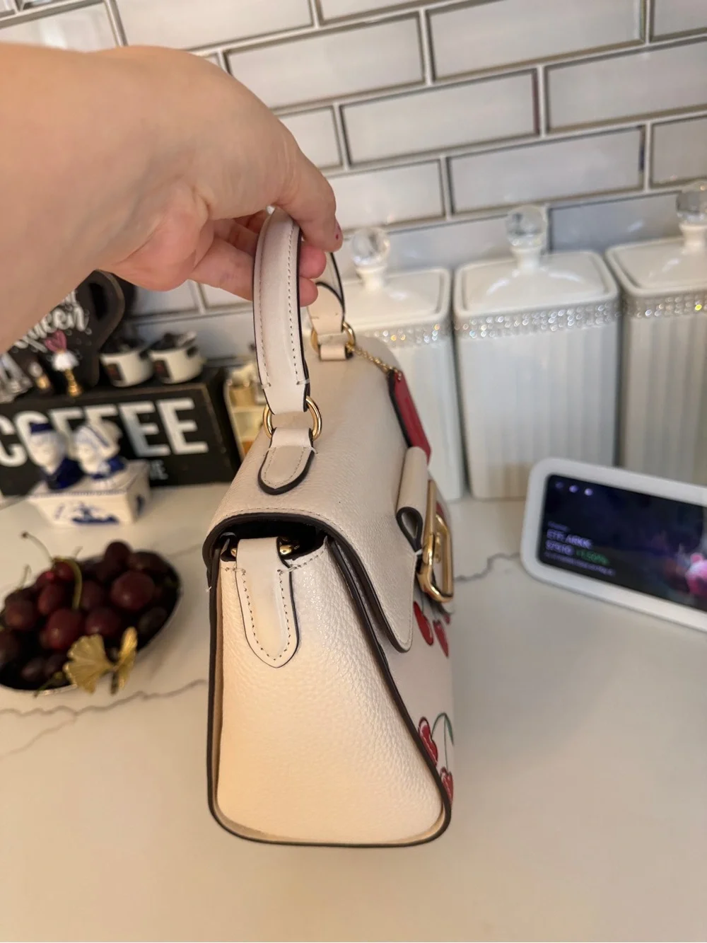 Coach White Leather Top Handle Bag with Cherry Print